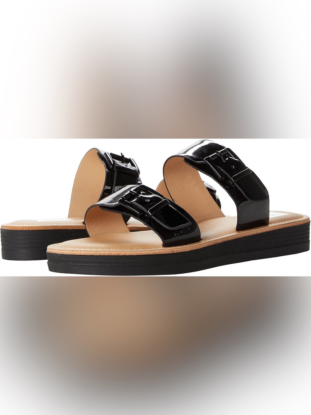 Dolce Vita Heather Black Patent Double Buckle Slide Sandals 8.5